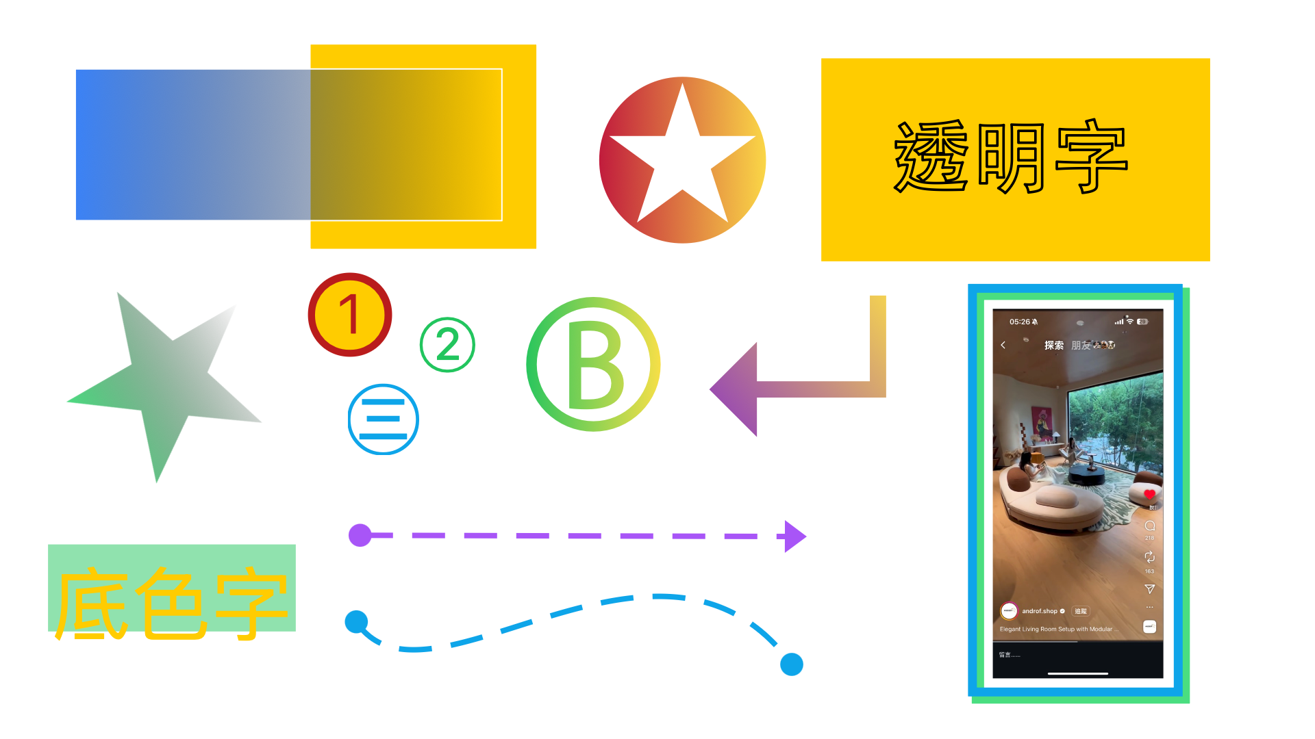 VAS 設計工具展示：漸層色塊、透明文字、符號印章、貝茲曲線等標注工具成果